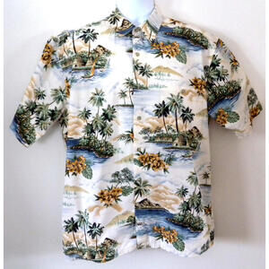 Hollis River Mens Ivory Cotton Tropical Palm Trees Dad Hawaiian Shirt  Size L